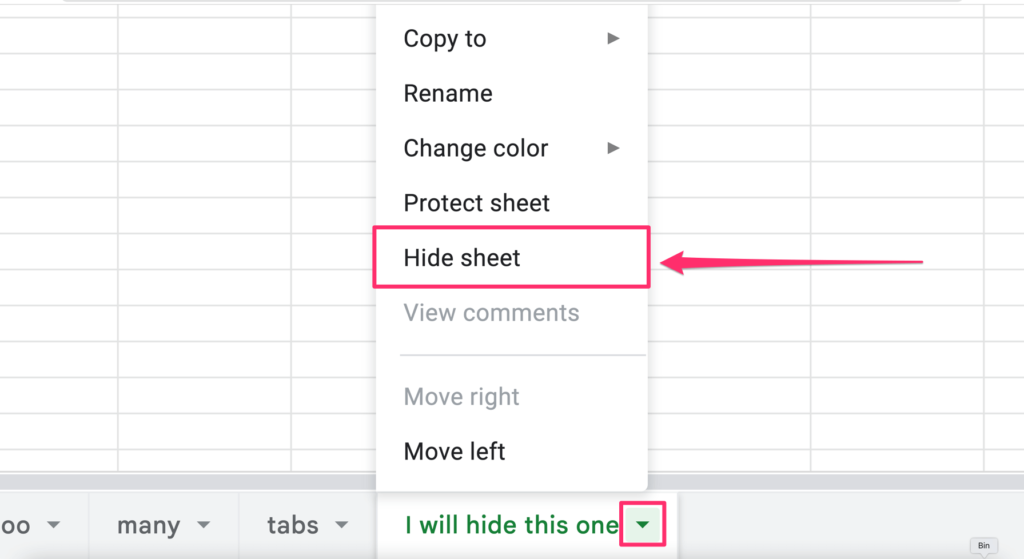 The screenshot shows where to find the 'hide sheet' option in the tab contextual menu