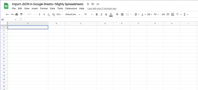 The gif shows the import JSON function in action. User types in the URL where the data will be fetched and the data is present in our spreadsheets a few seconds after