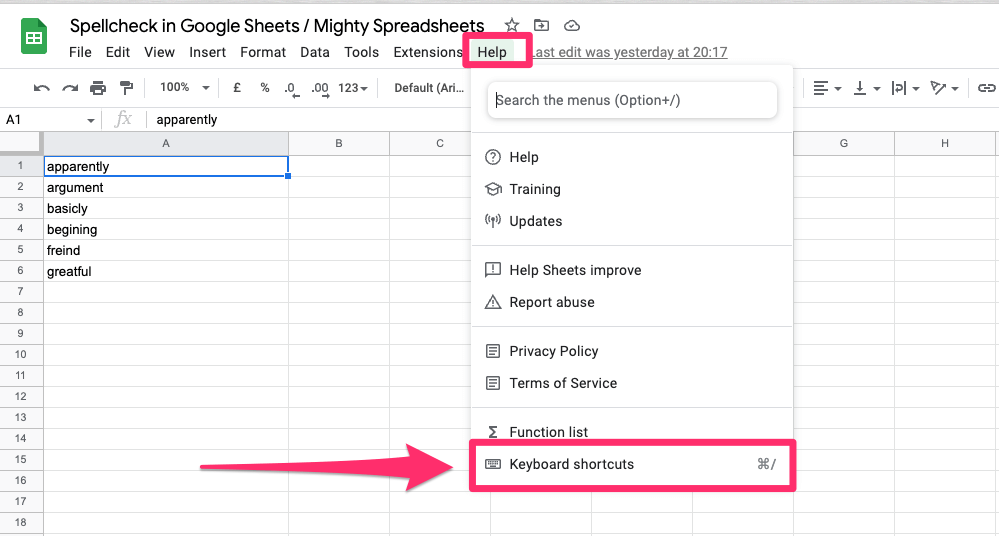 The screenshot shows how to access 'keyboard shortcuts' inside the 'Help' menu item