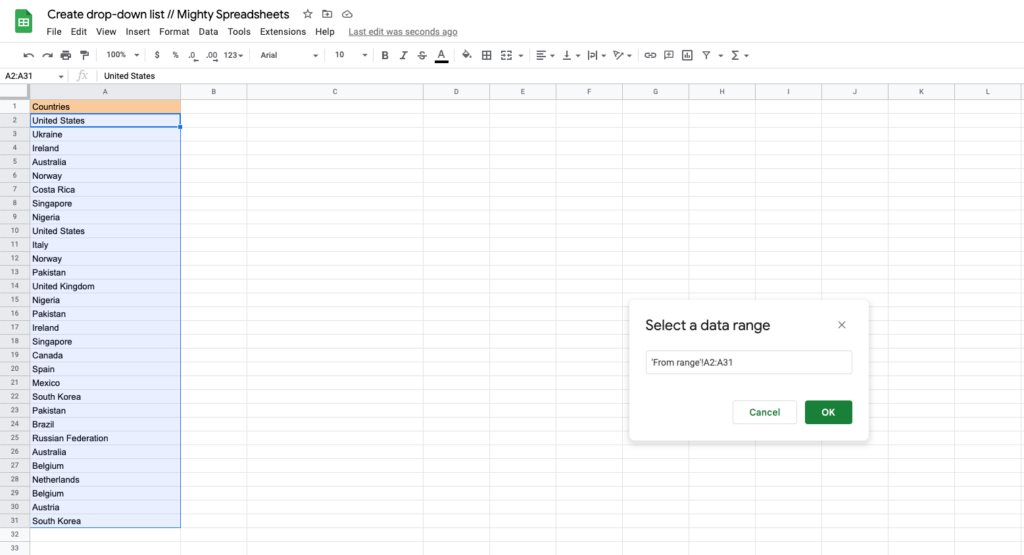 Screenshot shows list of countries present in A1 to A31 cells