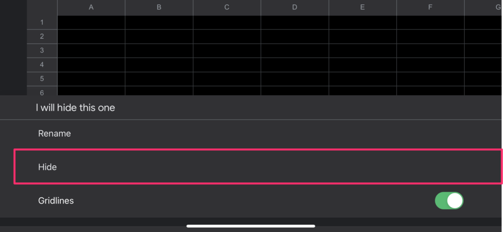 The screenshot shows where to find the 'Hide' tab option in the google sheets mobile app