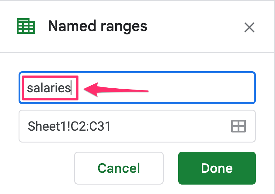 The arrow on the screenshot points to the input field where you can add a custom name to your range