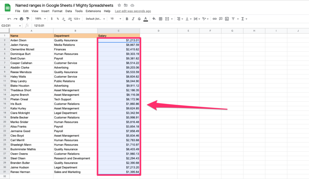 Screenshot shows C2:C31 cells in Column C being selected to turn them into named ranges in next steps