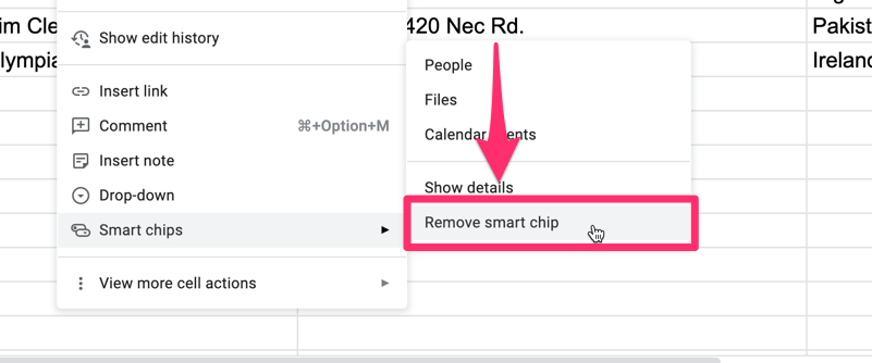 The screenshot shows where to access the 'remove smart chip' menu item 