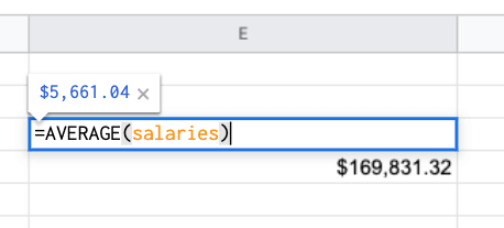 The screenshot shows the use of the AVERAGE function with our 'salaries' named range