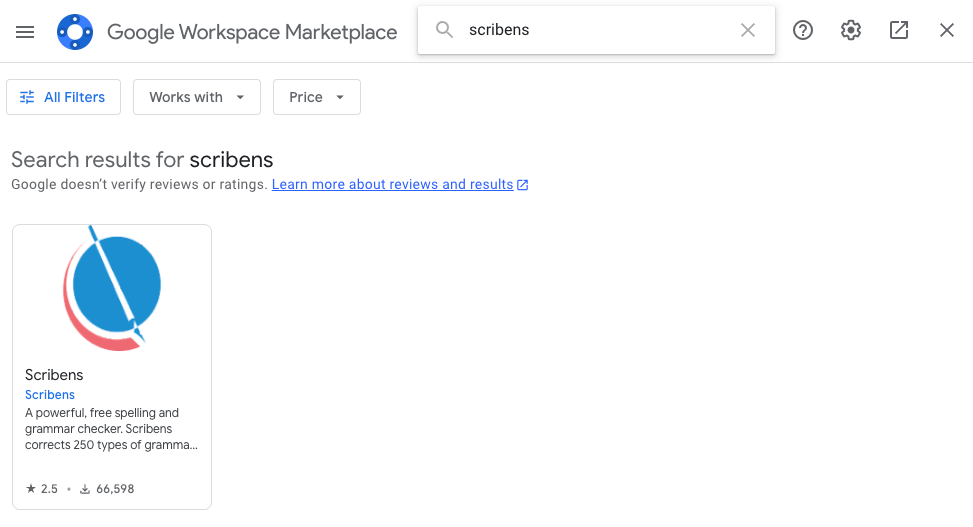 Screenshot from google workspace marketplace showing scribens app card 