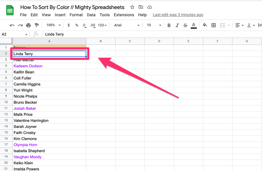 Arrow points to the A2 cell where user is focusing