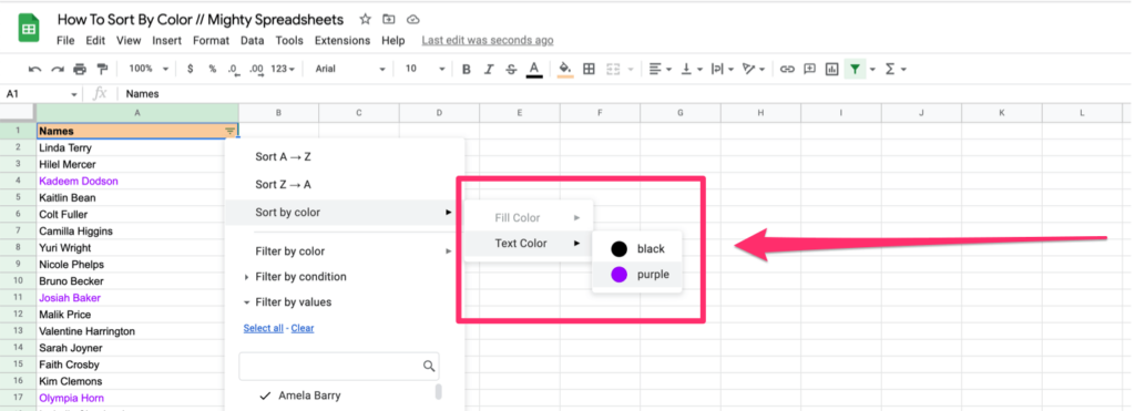 The arrow points to the 'Text color' option where two colors are avilable to pick: black and purple