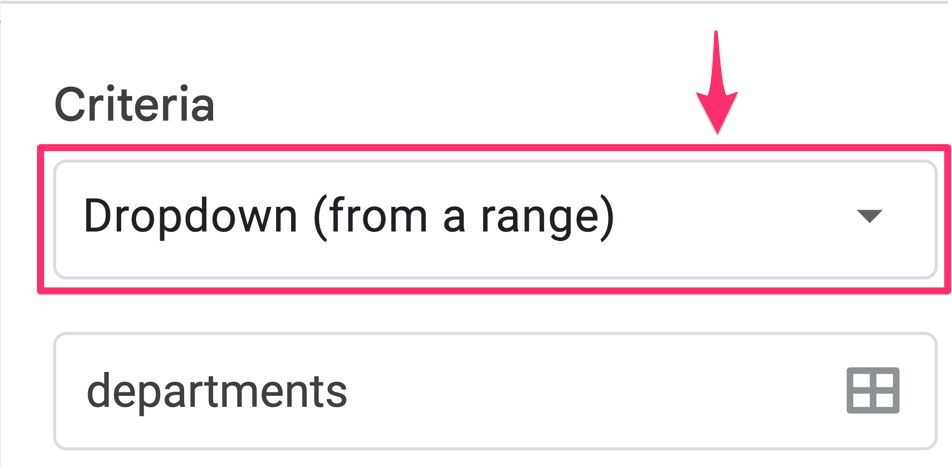 The arrow on the screenshot point to the 'dropdown from range' option selected in the drop-down criteria