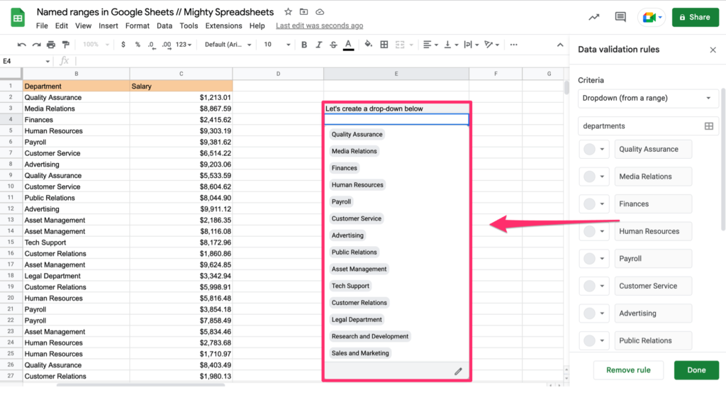 The final output of adding named ranges as a drop-down menu. The dropdown menu is now populated with all items from 'Departments' range and the duplicates were removed