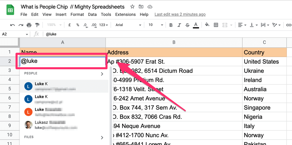 The arrow on the screenshot points on the a2 cell where @ symbol is used to create a people chip