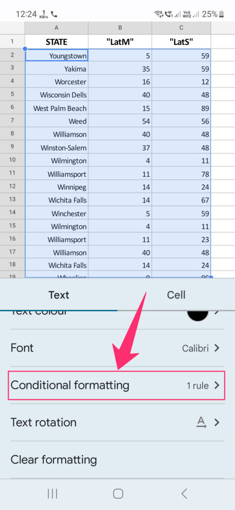 Conditional formatting on sheets app