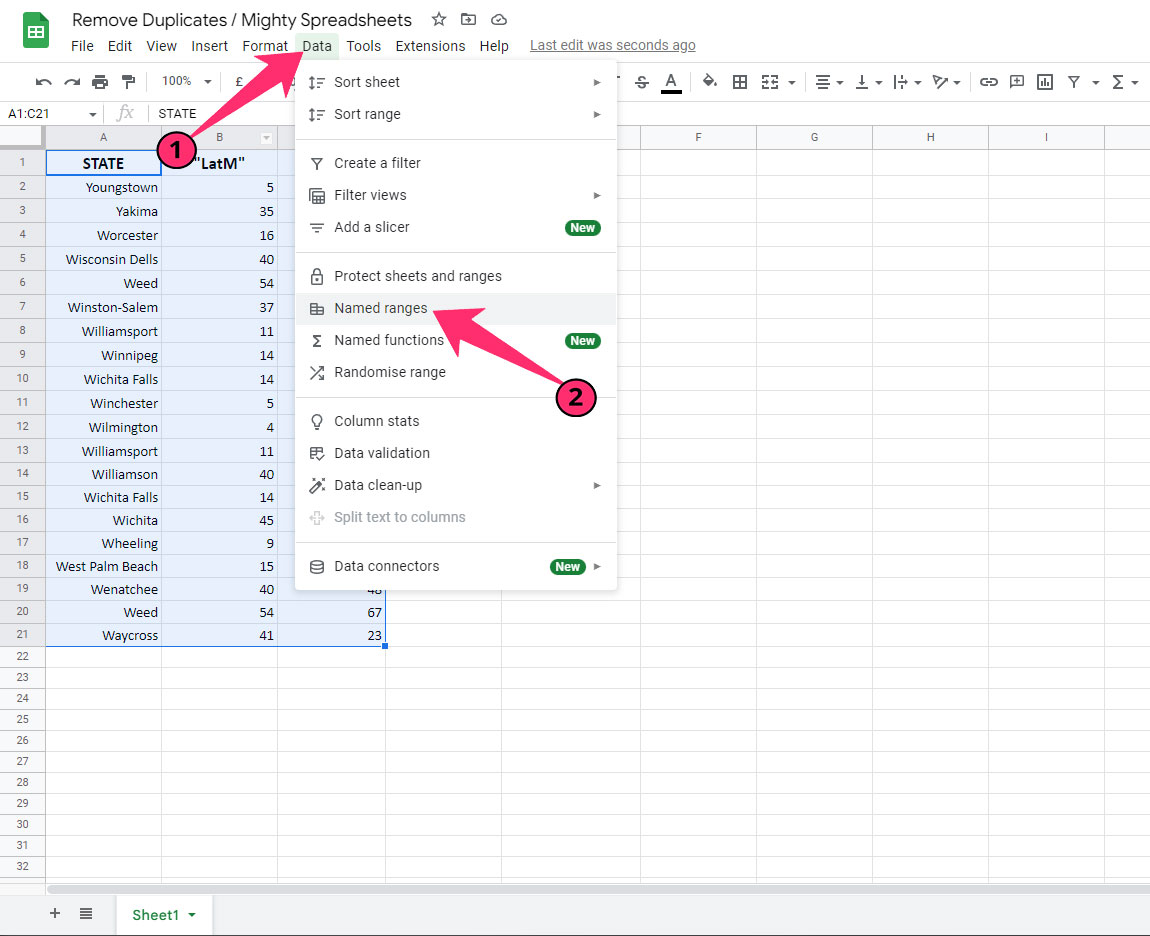 Named Ranges option under data