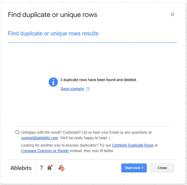 Remove Duplicates Using TheAblebits Add-on final result