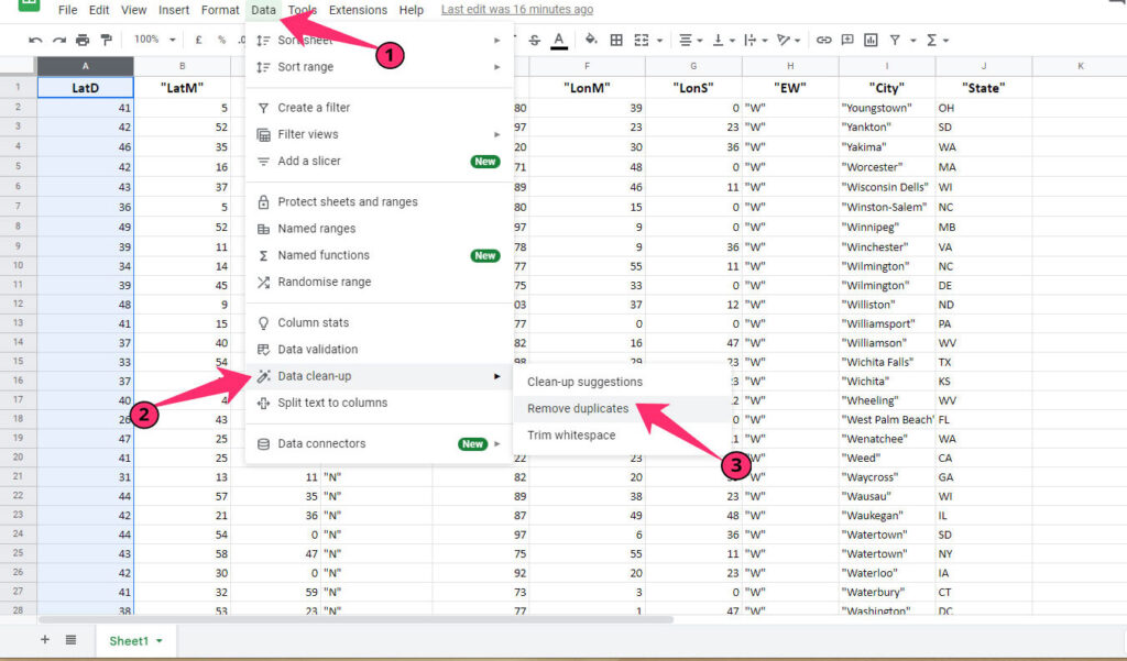 Remove Duplicates option under data menu