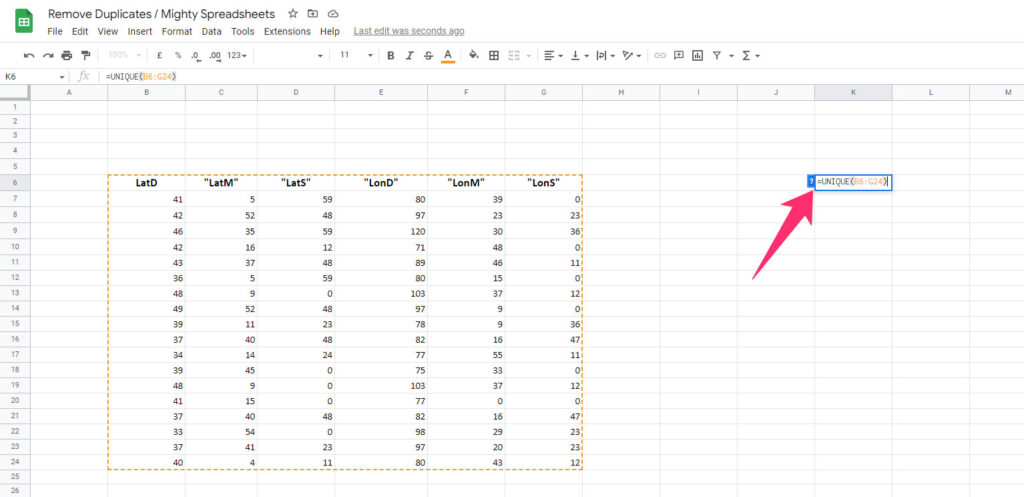 The screenshot shows the use of the UNIQUE function where the B6:G24 data range was selected