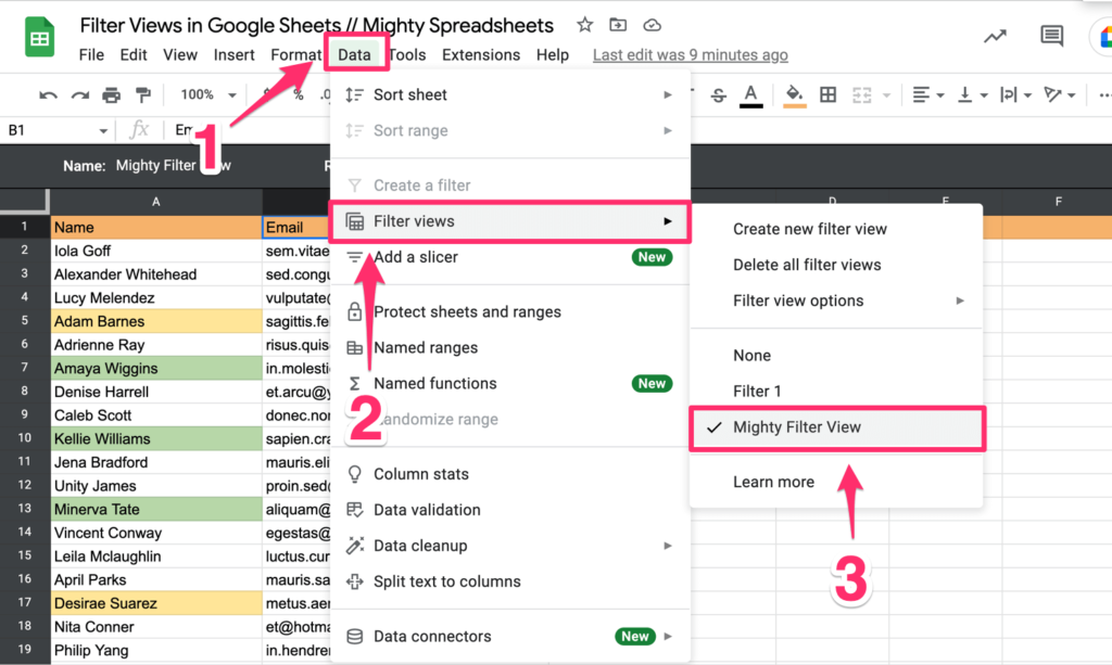 The screenshot shows 3 steps how to activate any previously created filter view