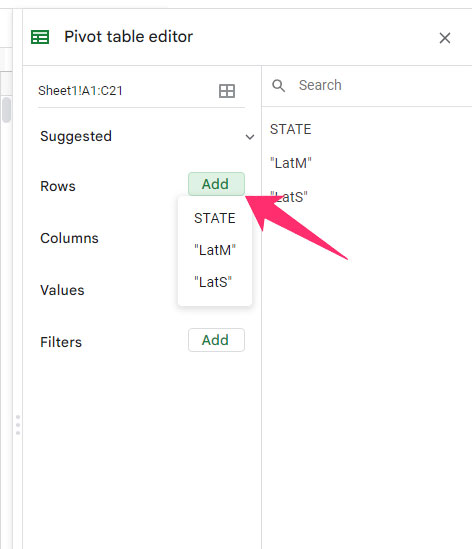 add Rows under pivot table editor in sheets