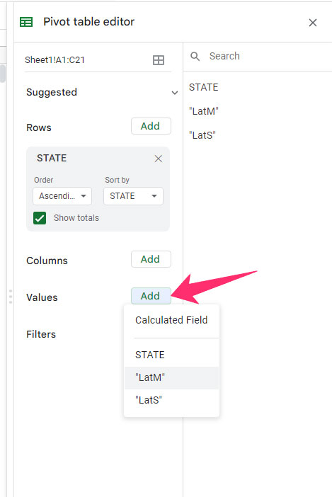 add value under pivot table in sheets