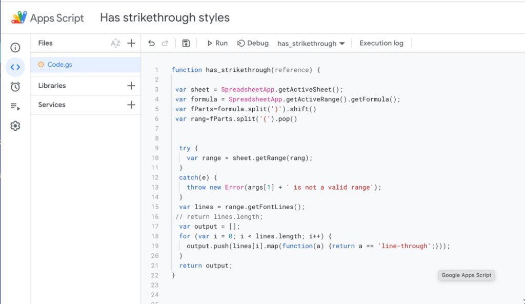 The screenshot shows a code for a custom 'has_strikethrough' function that we are creating