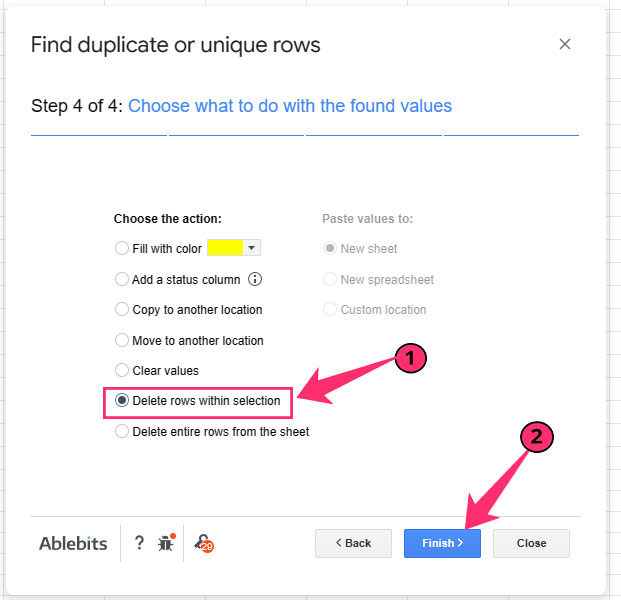 click Delete rows within selection under remove duplicate add in sheets