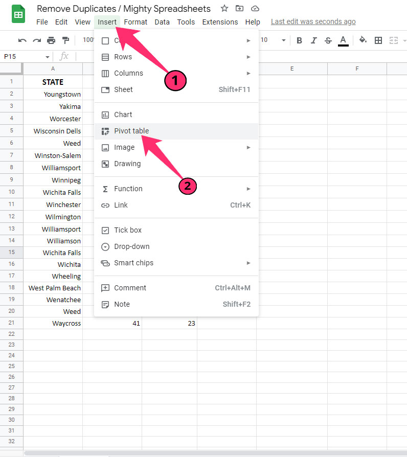 click Pivot Table under insert in google sheets