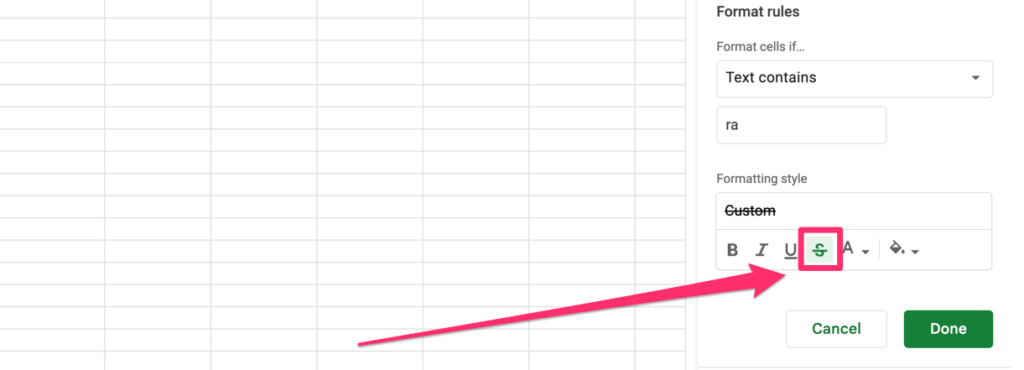 Arrow points to the strikethrough icon under custom formatting styles in conditional formatting menu