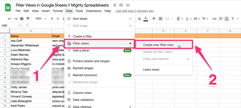 Arrows showing how to create a new filter view from the options menu.