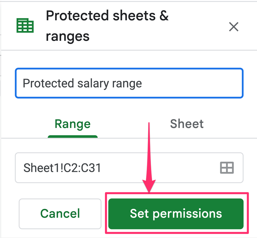 The screenshot shows where to find the 'set premissions' button in the protected sheets and ranges