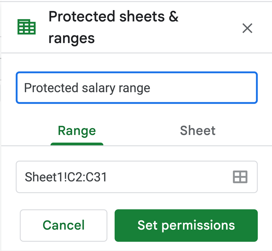 Protected sheets and ranges dialog box where you can name your range
