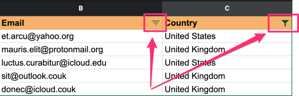 The image shows how to filter icons are different from each other when the filter is applied to a column and when it's not. When it's not applied then it's an inverted triangle, when the filter is applied the icon looks like a real filter