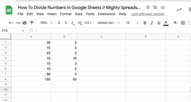 This gif shows how to do division in google sheets. We are dividing A1 and B1 cells values and then spreading the function across different cells
