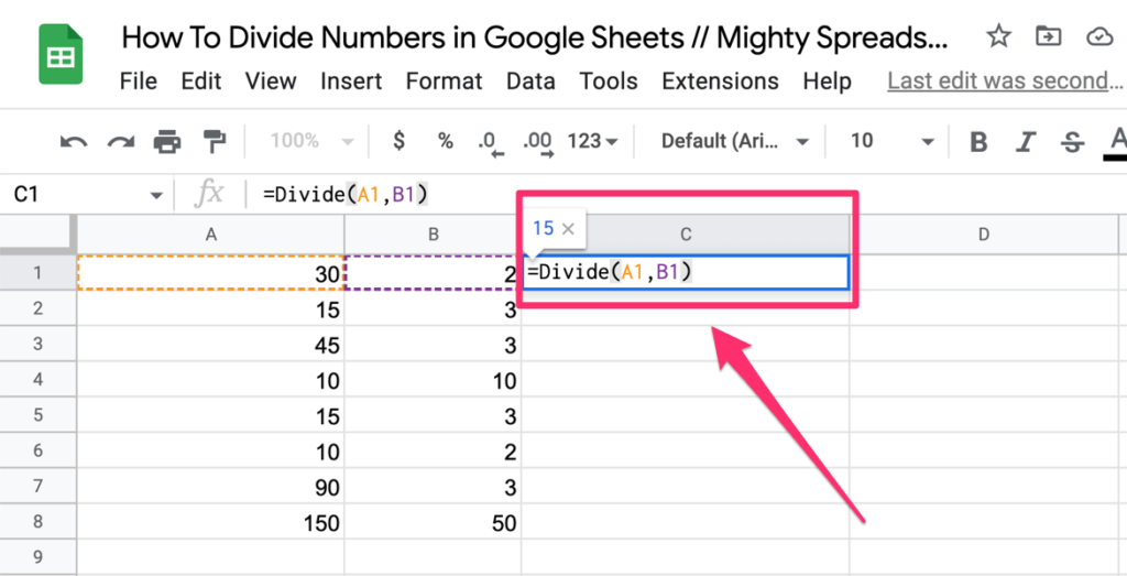 In this screenshot, we use the divide function to divide the A1 cell value (which is 30) bt the B1 cell value (which is 2) the result is available in the C1 cell