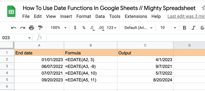 The screenshot shows a few examples that use the EDATE date function