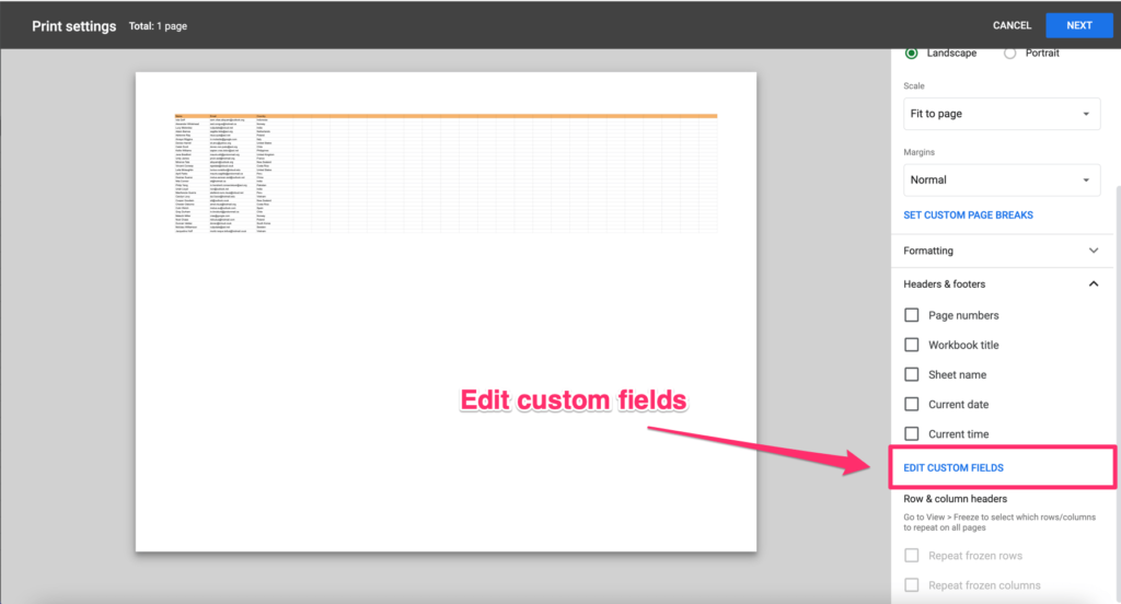 The arrow on the screenshot shows where to find the 'edit custom fields' option under the 'headers and footers' menu tab