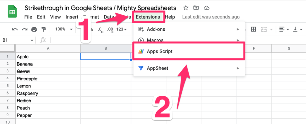 The screenshot shows how to access Apps Script from the Extensions menu item