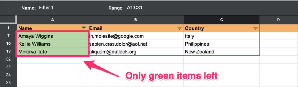 The screenshot shows the final output of filtering by color, where only the green items are visible