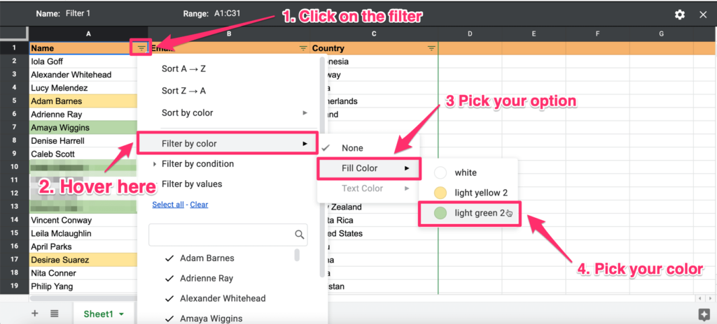 4 arrows on the screenshot show how to access the filter by fill color option in the options menu. In this screenshot user is selecting the 'light green 2' color.