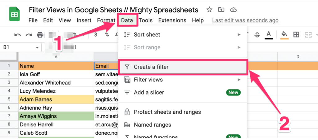 The screenshot shows where to find 'Create a filter' menu item under the Data primary menu