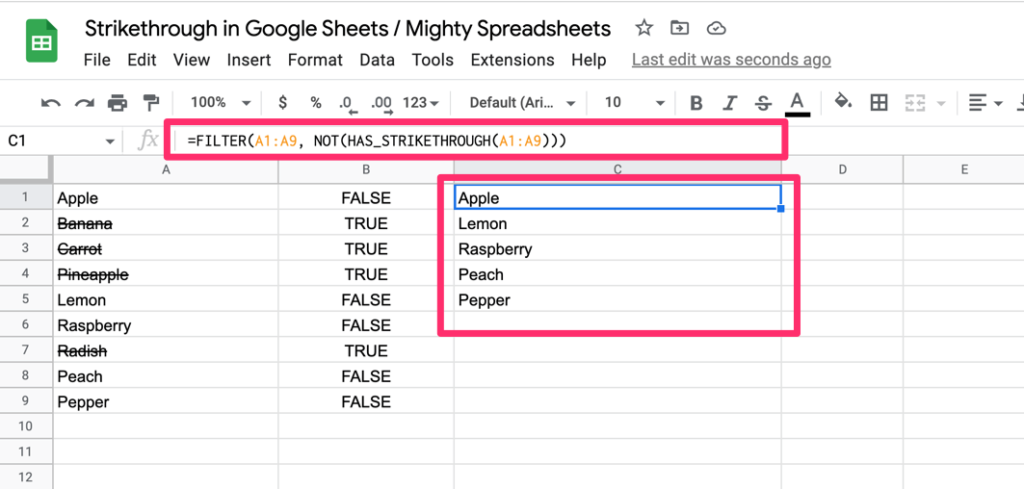 Screenshot of how we can filter out items that are strike though by simply using Filter and our custom has_strike through function