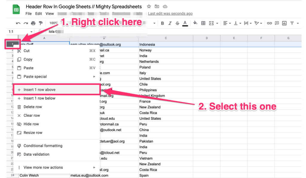 The screenshot shows how to Insert one row above the row selected. First arrow points on the row number, second arrow on the 'Insert 1 row above' menu item which is 5th from the top