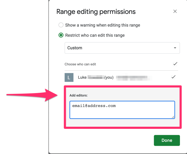 The screenshot shows where to add editors when restricting a range