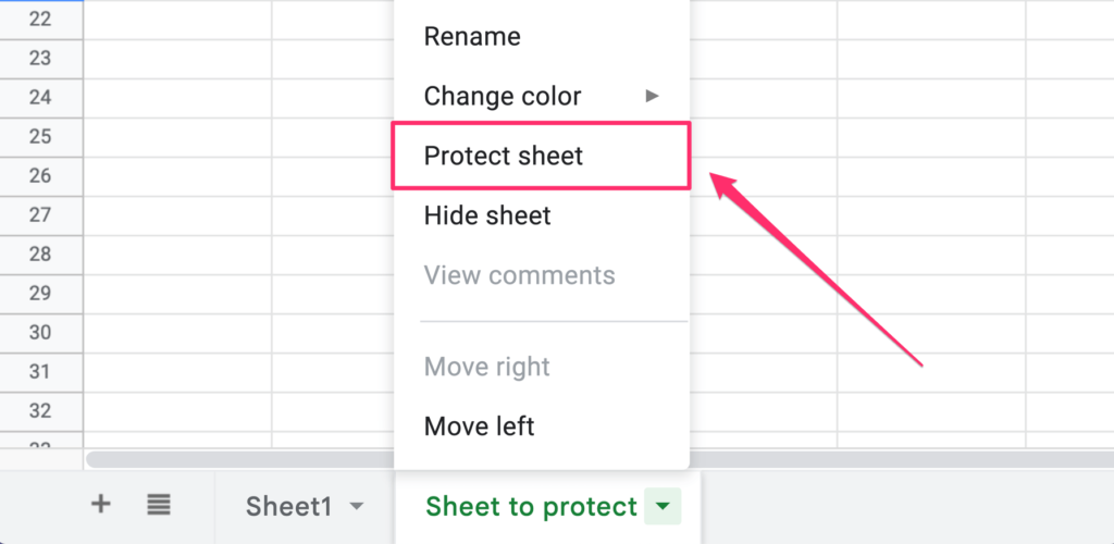 The screenshot shows where to find the 'protect sheet' menu item after clicking on the green arrow