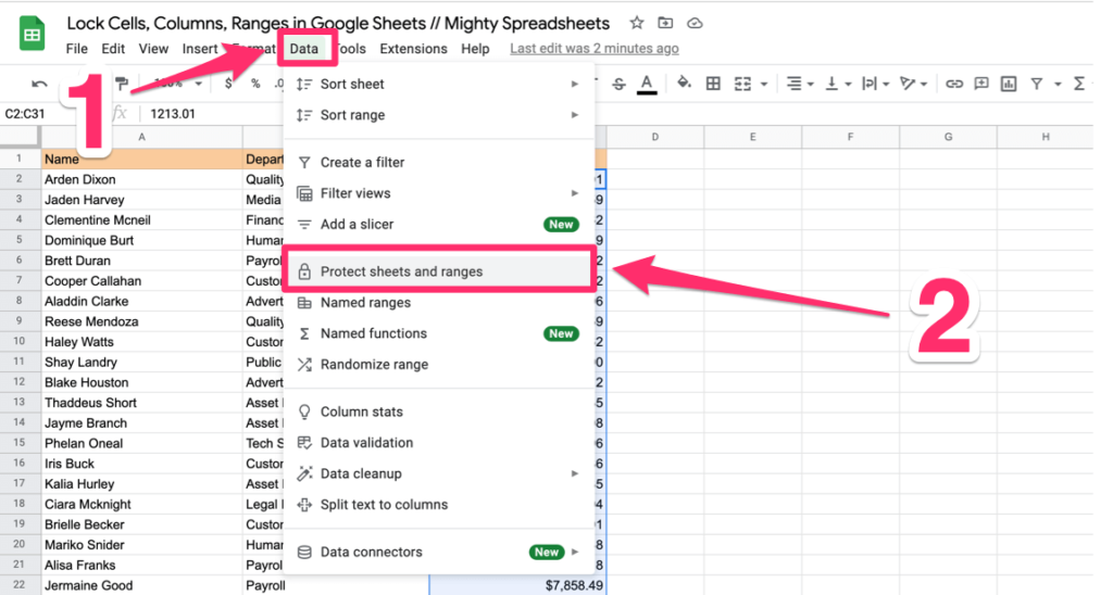 The screenshot shows how to access 'protected sheets and ranges' menu item from the options menu