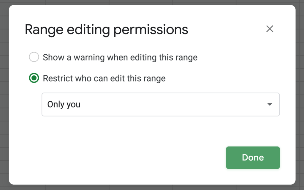 Range editing permissions popup where you can select who a certain range will be restricted to