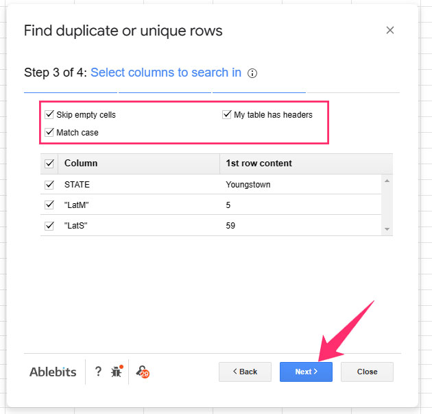 select Skip empty cells” and “Match Case” option in sheets