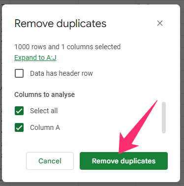 The screenshot shows where to find remove duplicates button on the popup to confirm the removal
