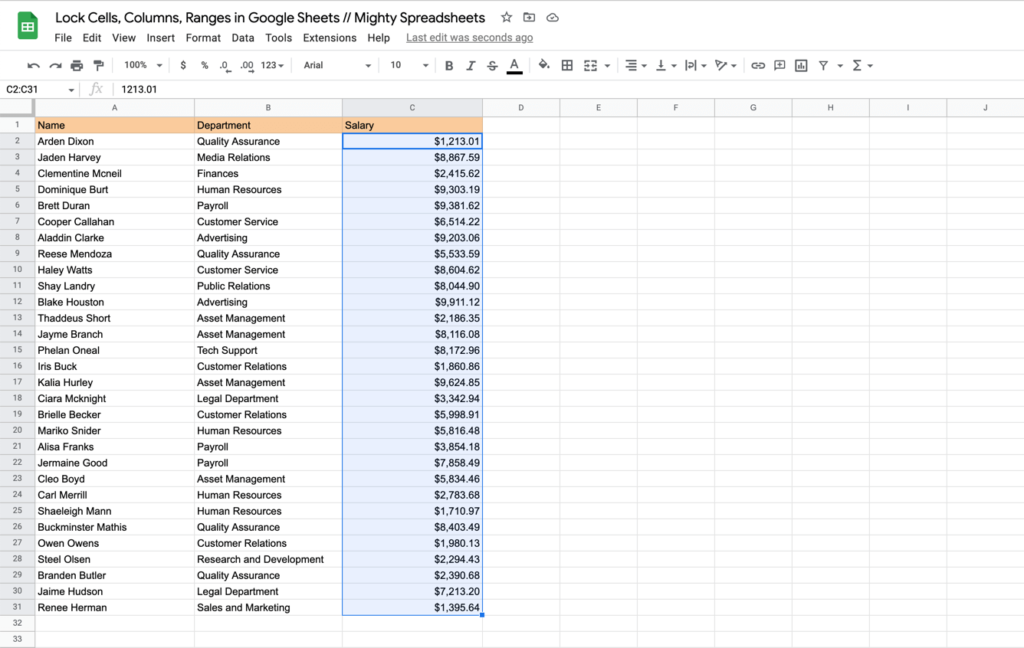 The screenshot shows user focus in the C column (focus is on cells from C2 to C31)