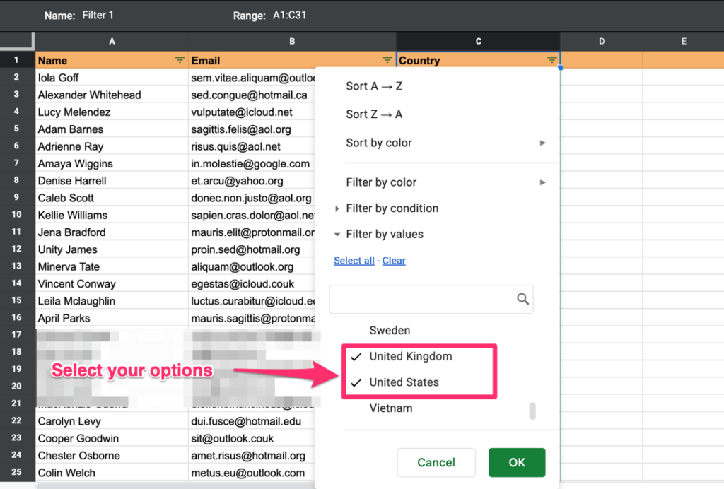 The arrow points to the 'United States and 'United Kingdom' options selected in our filter.