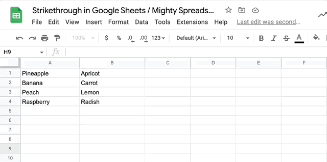 The gif shows the user selecting a range of cells (from A1 to B4) and using a keyboard shortcut to apply strike-through styles